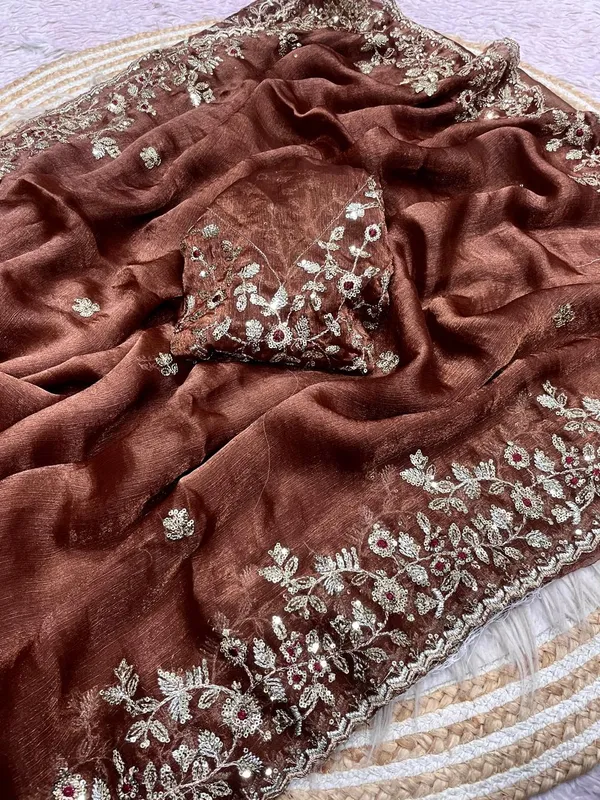 Brown_Pure_Fandy_Chiffon_Sarees_With_Amazing_3_Mm_C_Pallu_Sequence_Work_With_Cut__Work_Border