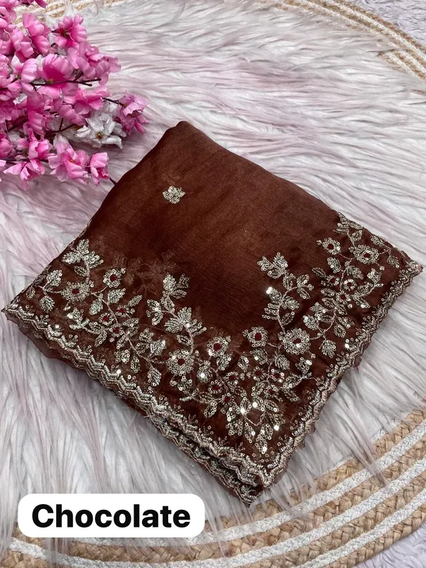 Brown_Pure_Fandy_Chiffon_Sarees_With_Amazing_3_Mm_C_Pallu_Sequence_Work_With_Cut__Work_Border