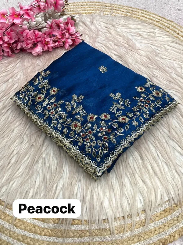 Peacock_Blue_Pure_Fandy_Chiffon_Sarees_With_Amazing_3_Mm_C_Pallu_Sequence_Work_With_Cut__Work_Border