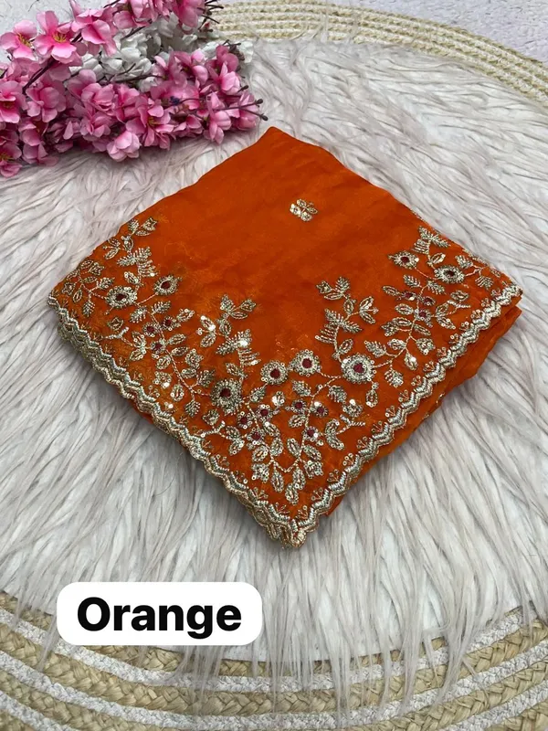 Orange_Pure_Fandy_Chiffon_Sarees_With_Amazing_3_Mm_C_Pallu_Sequence_Work_With_Cut__Work_Border