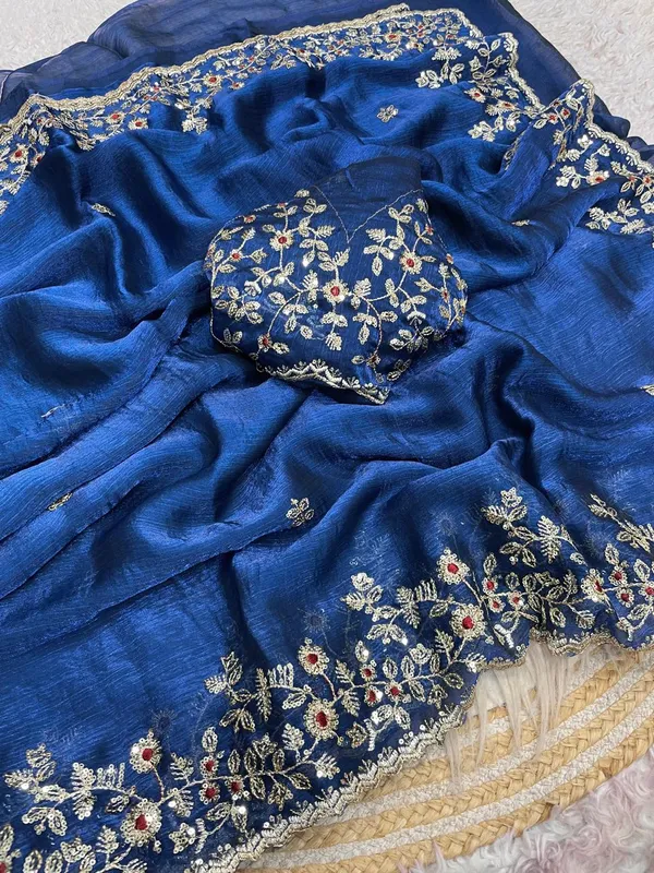 Peacock_Blue_Pure_Fandy_Chiffon_Sarees_With_Amazing_3_Mm_C_Pallu_Sequence_Work_With_Cut__Work_Border