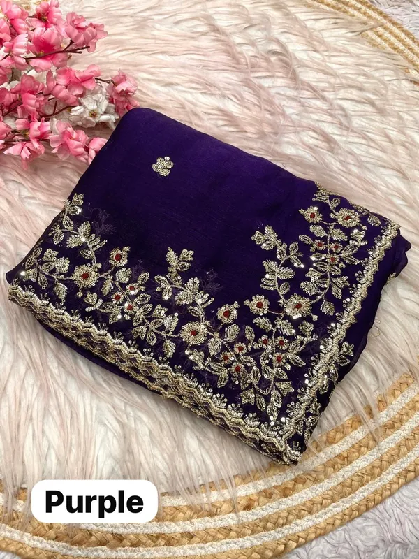 Purple_Pure_Fandy_Chiffon_Sarees_With_Amazing_3_Mm_C_Pallu_Sequence_Work_With_Cut__Work_Border