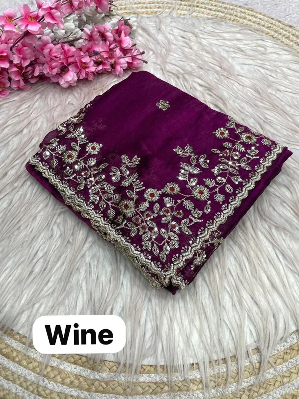 Wine_Pure_Fandy_Chiffon_Sarees_With_Amazing_3_Mm_C_Pallu_Sequence_Work_With_Cut__Work_Border
