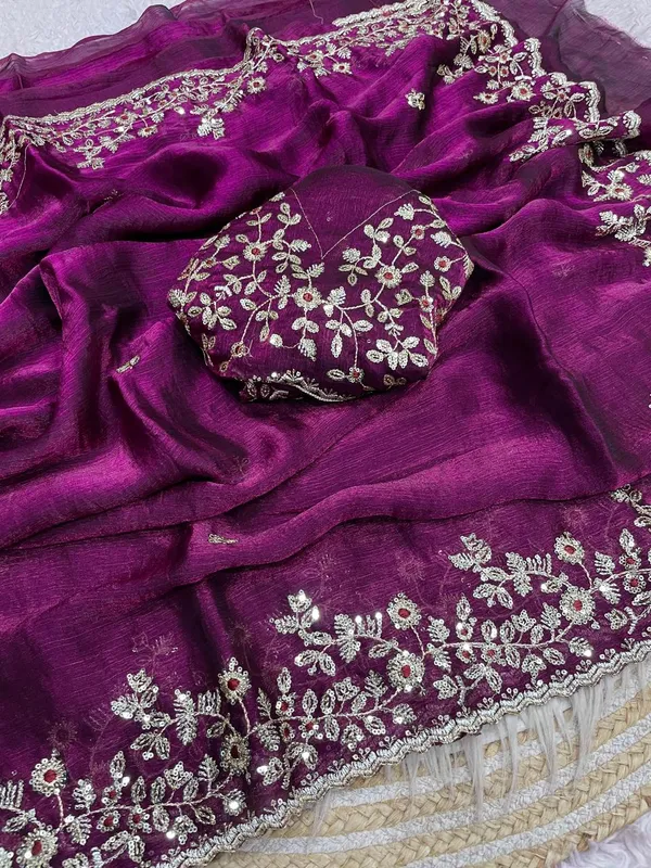 Wine_Pure_Fandy_Chiffon_Sarees_With_Amazing_3_Mm_C_Pallu_Sequence_Work_With_Cut__Work_Border