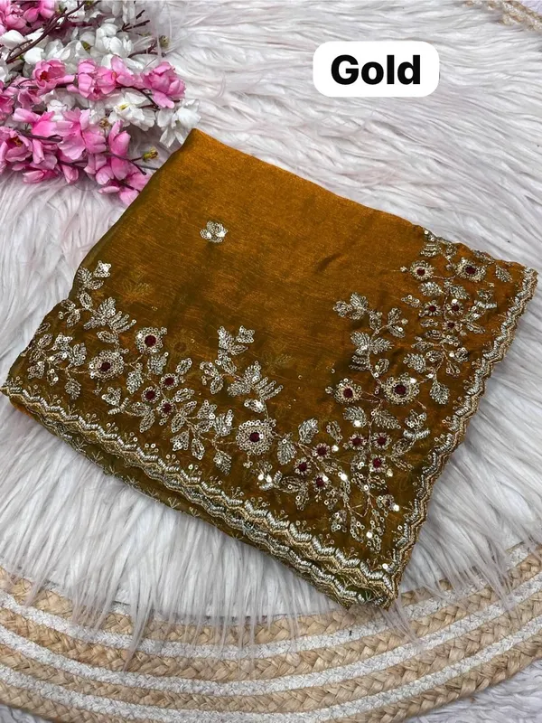Golden_Pure_Fandy_Chiffon_Sarees_With_Amazing_3_Mm_C_Pallu_Sequence_Work_With_Cut__Work_Border