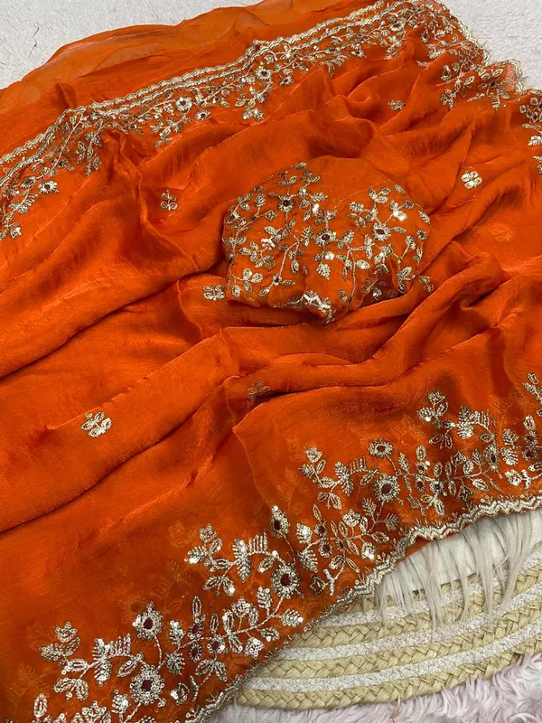 Orange_Pure_Fandy_Chiffon_Sarees_With_Amazing_3_Mm_C_Pallu_Sequence_Work_With_Cut__Work_Border