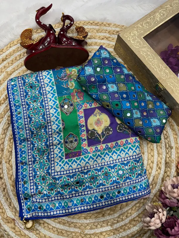 Soft_Chinnon_with_beautiful_print_and_Gold_Zari_work_and_Hand_real_mirror_work