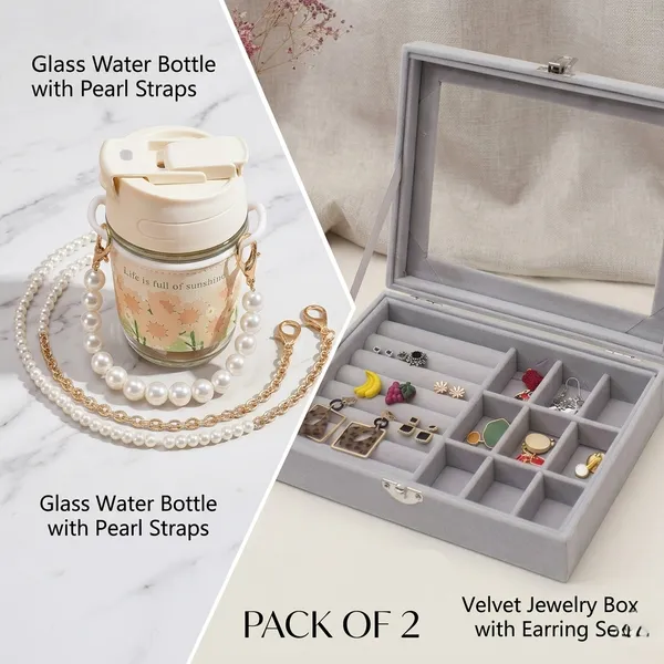 White_Clip-Lock_Floral_Print_Storage_Jar_With_Lid_And_Grey_Velvet_Lid_Jewelry_Organizer_Box_(Pack_Of_2)
