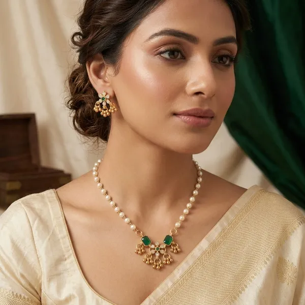 Elegant_Gold_Plated_Pearl_And_Green_Stone_Necklace_Set_With_Matching_Earrings_For_Women_Set_Of_2