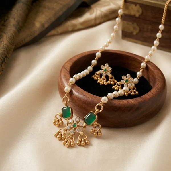 Elegant_Gold_Plated_Pearl_And_Green_Stone_Necklace_Set_With_Matching_Earrings_For_Women_Set_Of_2