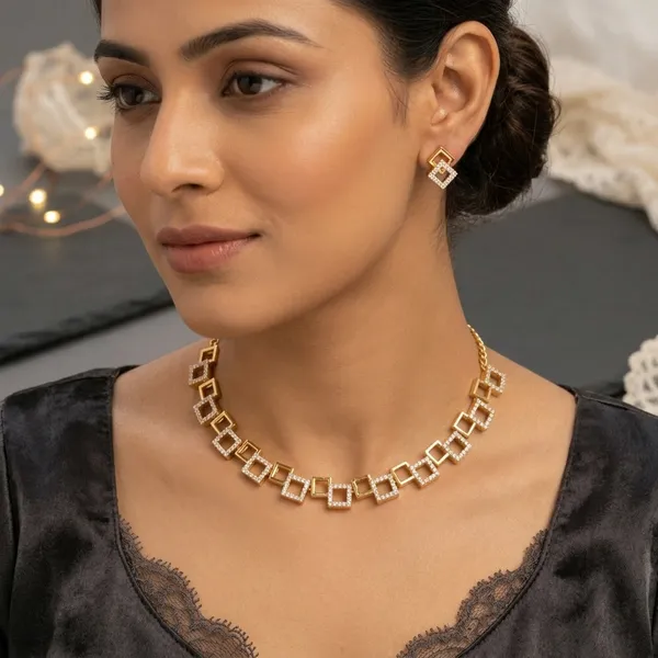 Gold_Plated_American_Diamond_Leaf_Design_Necklace_Set_With_Earrings