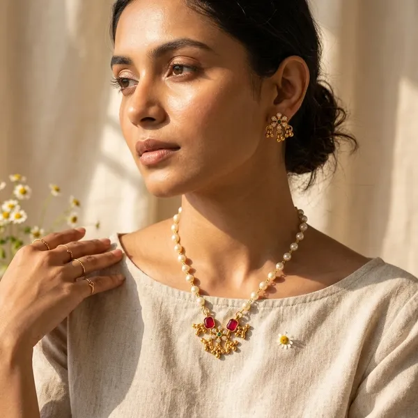 Fashionable_Gold_Plated_Pearl_And_Pink_Stone_Necklace_Set_With_Matching_Earrings_For_Women_Set_Of_2
