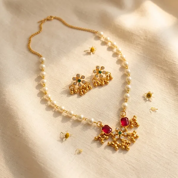 Fashionable_Gold_Plated_Pearl_And_Pink_Stone_Necklace_Set_With_Matching_Earrings_For_Women_Set_Of_2