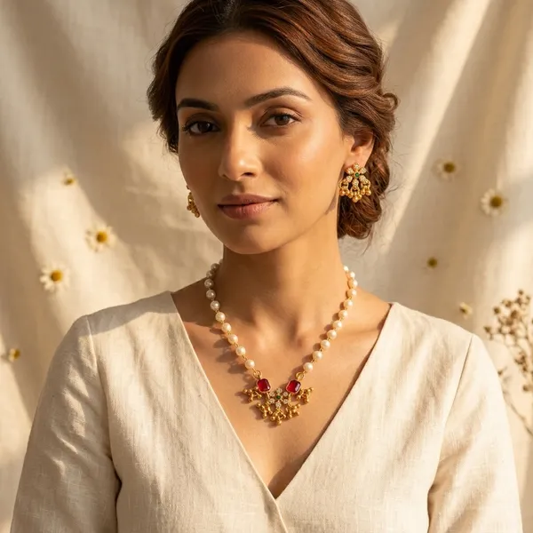 Fashionable_Gold_Plated_Pearl_And_Pink_Stone_Necklace_Set_With_Matching_Earrings_For_Women_Set_Of_2
