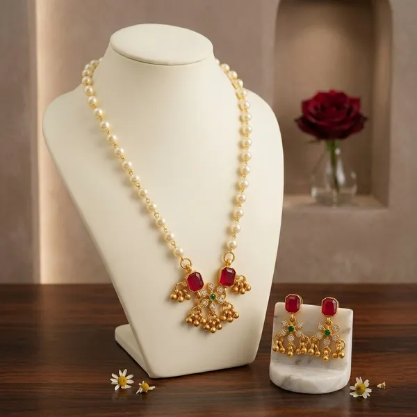 Fashionable_Gold_Plated_Pearl_And_Pink_Stone_Necklace_Set_With_Matching_Earrings_For_Women_Set_Of_2