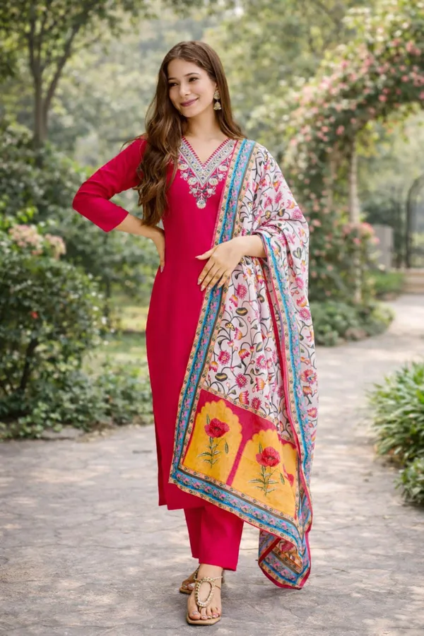 Arma_Fashion_Women_Embroidered_Rayon_Kurta_With_Pant_Silk_Chiffon_Dupatta_3/4_Sleeve_V_Neck_Navratri_Diwali_Festival_Gifting_Traditional_Ethnic_Wear