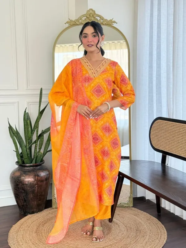 Arma_Fashion_Women_Embroidered_Orange_Kurta_Set_With_Floral_Print_Dupatta_V_Neck_3/4_Sleeves_Ideal_For_Traditional_Events_Like_Haldi_Pooja
