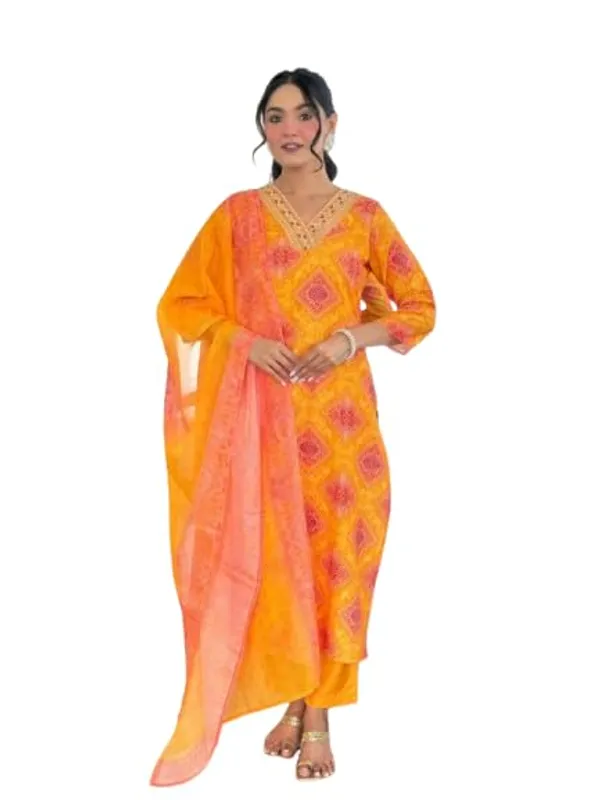 Arma_Fashion_Women_Embroidered_Orange_Kurta_Set_With_Floral_Print_Dupatta_V_Neck_3/4_Sleeves_Ideal_For_Traditional_Events_Like_Haldi_Pooja