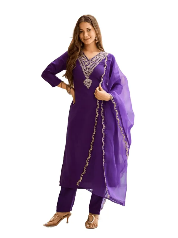 Arma_Fashion_Women_Rayon_Slub_3/4_Sleeve_V_Neck_Embroidered_Kurta_Pant_And_Organza_Dupatta_Navratri_Diwali_Deepawali_Festival_Gifting_Traditional_Ethnic_Wear