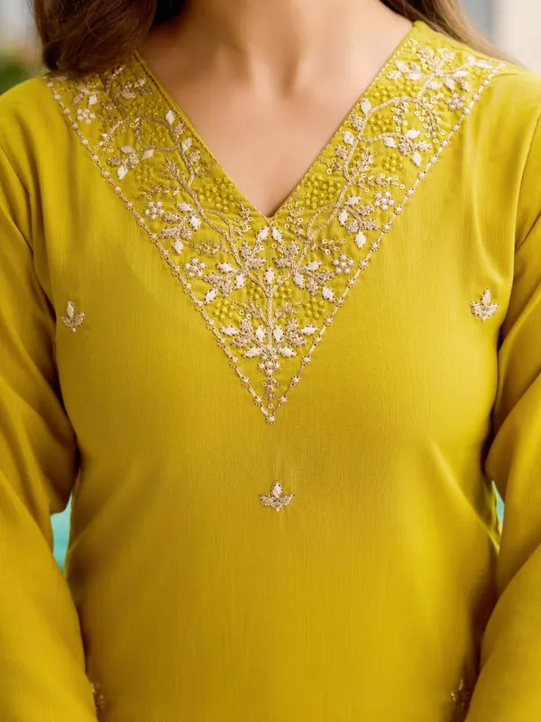 Arma_Fashion_Women_Embroidered_Rayon_Kurta_Set_With_Pant_Dupatta_Straight_Calf_Length_3/4_Sleeve_V_Neck_Elegant_Ethnic_Attire_Yellow