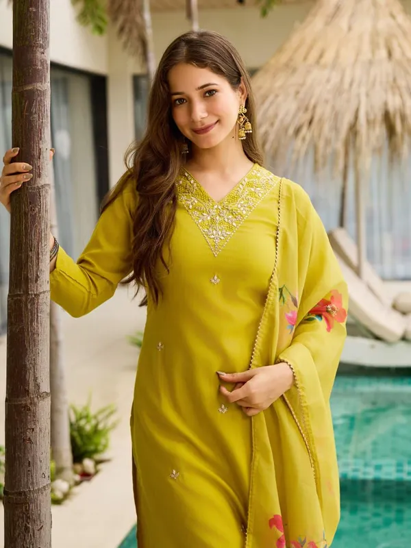 Arma_Fashion_Women_Embroidered_Rayon_Kurta_Set_With_Pant_Dupatta_Straight_Calf_Length_3/4_Sleeve_V_Neck_Elegant_Ethnic_Attire_Yellow