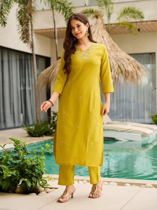 Arma_Fashion_Women_Embroidered_Rayon_Kurta_Set_With_Pant_Dupatta_Straight_Calf_Length_3/4_Sleeve_V_Neck_Elegant_Ethnic_Attire_Yellow