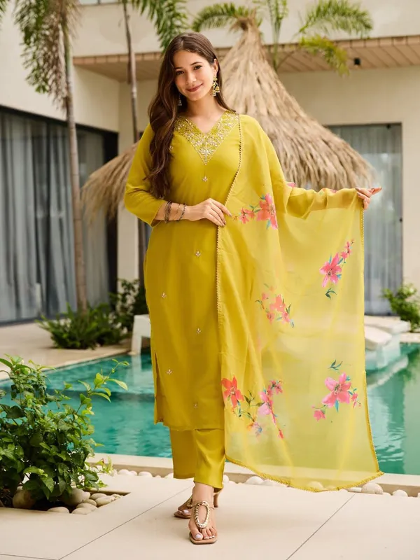 Arma_Fashion_Women_Embroidered_Rayon_Kurta_Set_With_Pant_Dupatta_Straight_Calf_Length_3/4_Sleeve_V_Neck_Elegant_Ethnic_Attire_Yellow