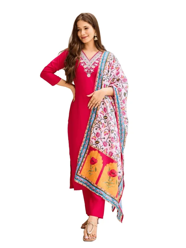 Arma_Fashion_Women_Embroidered_Rayon_Kurta_With_Pant_Silk_Chiffon_Dupatta_3/4_Sleeve_V_Neck_Navratri_Diwali_Festival_Gifting_Traditional_Ethnic_Wear