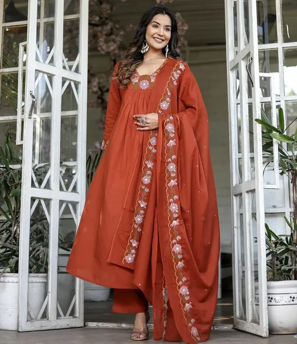 Arma_Fashion_Floral_Embroidered_Rust_Cotton_Anarkali_Suit_With_Dupatta_3_Piece_Traditional_Ethnic_Set_Navratri_Diwali_Deepawali_Festival_Traditional_Ethnic_Wear