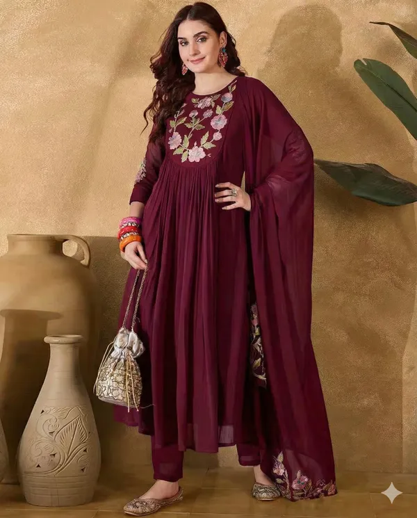 Maroon_Silk_Blend_Kurta_Set_For_Women