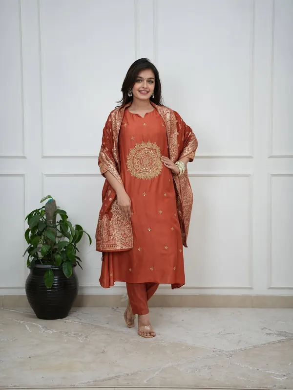 Rust_Silk_Blend_Kurta_Set_For_Women