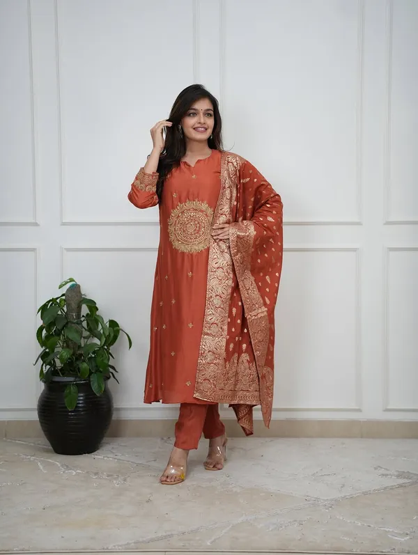 Rust_Silk_Blend_Kurta_Set_For_Women