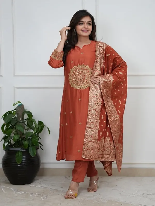 Rust_Silk_Blend_Kurta_Set_For_Women