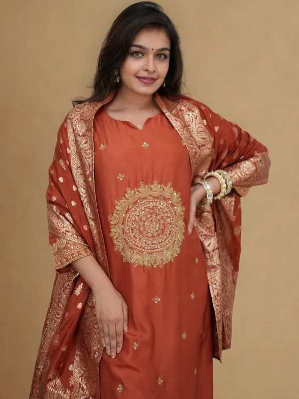 Rust_Silk_Blend_Kurta_Set_For_Women