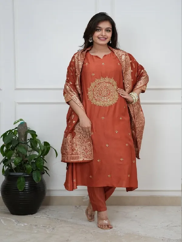 Rust_Silk_Blend_Kurta_Set_For_Women