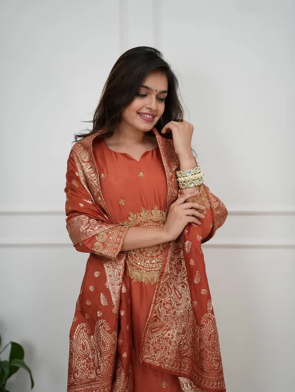 Rust_Silk_Blend_Kurta_Set_For_Women