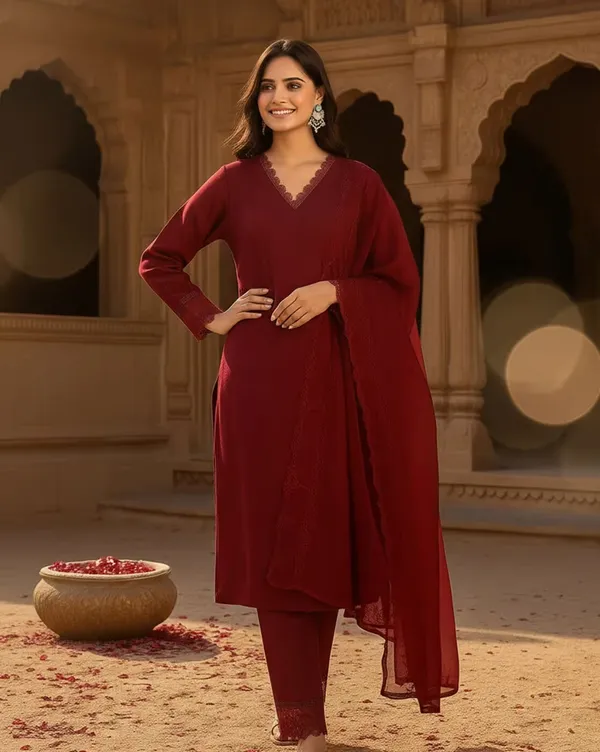 Maroon_Silk_Blend_Kurta_Set_For_Women