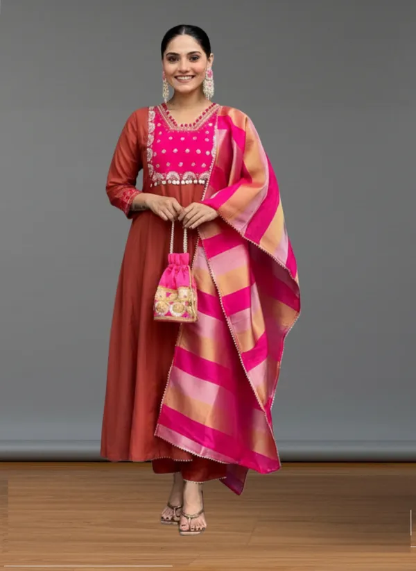 Rust_Silk_Blend_Kurta_Set_For_Women