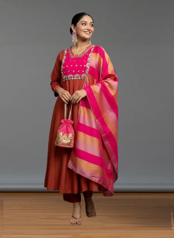 Rust_Silk_Blend_Kurta_Set_For_Women