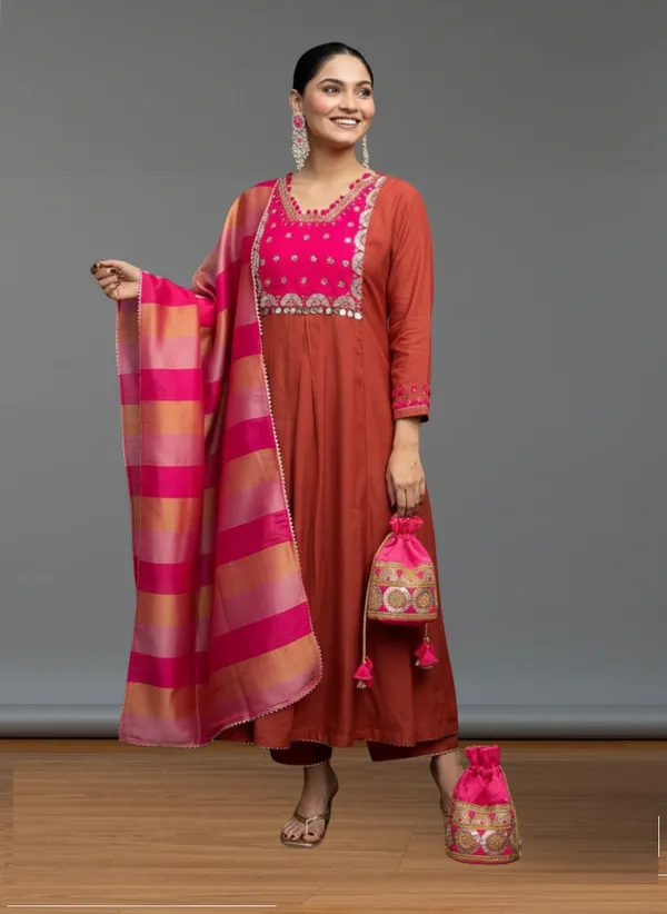 Rust_Silk_Blend_Kurta_Set_For_Women