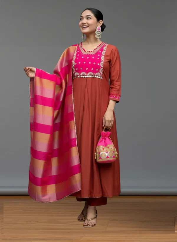 Rust_Silk_Blend_Kurta_Set_For_Women
