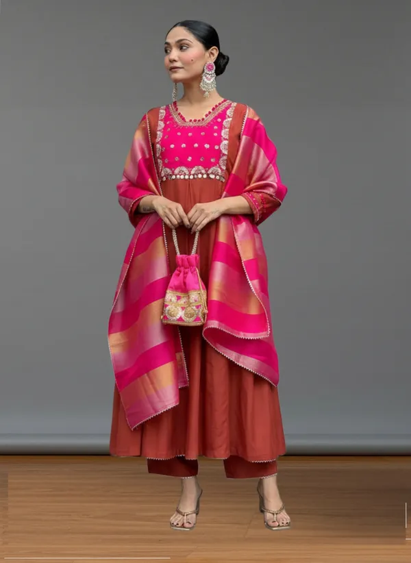 Rust_Silk_Blend_Kurta_Set_For_Women