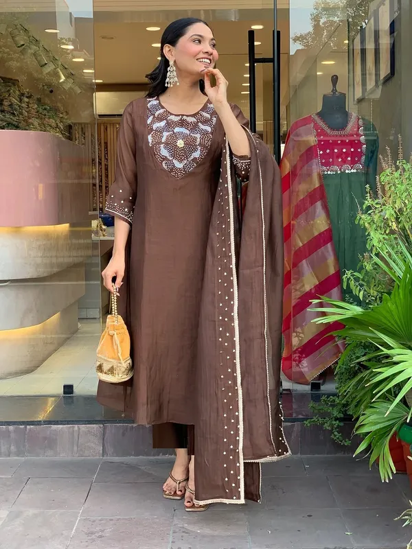 Brown_Silk_Blend_Kurta_Set_For_Women