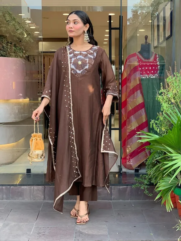 Brown_Silk_Blend_Kurta_Set_For_Women