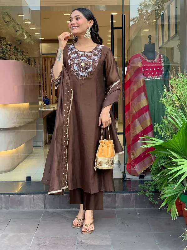 Brown_Silk_Blend_Kurta_Set_For_Women