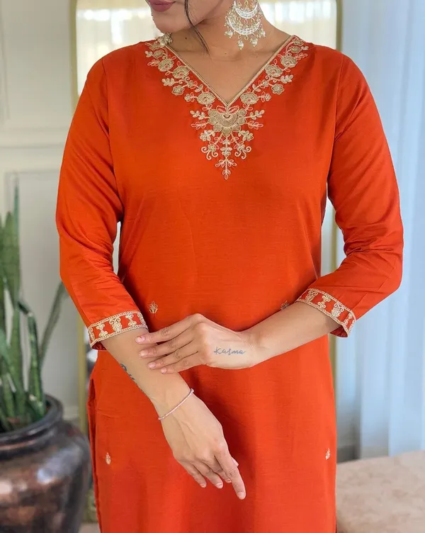 Rust_Silk_Blend_Kurta_Set_For_Women