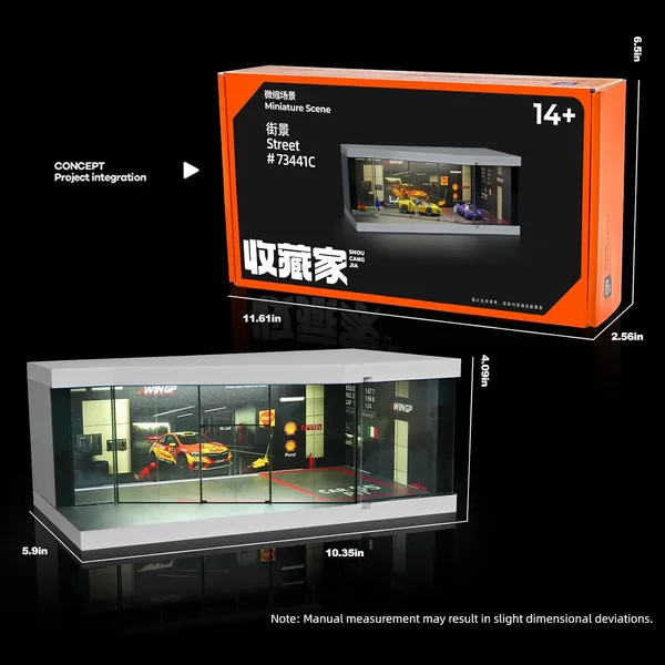 1:64_Diecast_Car_Display_Case,Lighted_Parking_lot_Scene_Display_Garage_for_Hot_Wheels_Series,Matchbox_Toy_Car_Model_Storage_Display_Stand_(Charming_Street_Showroom)