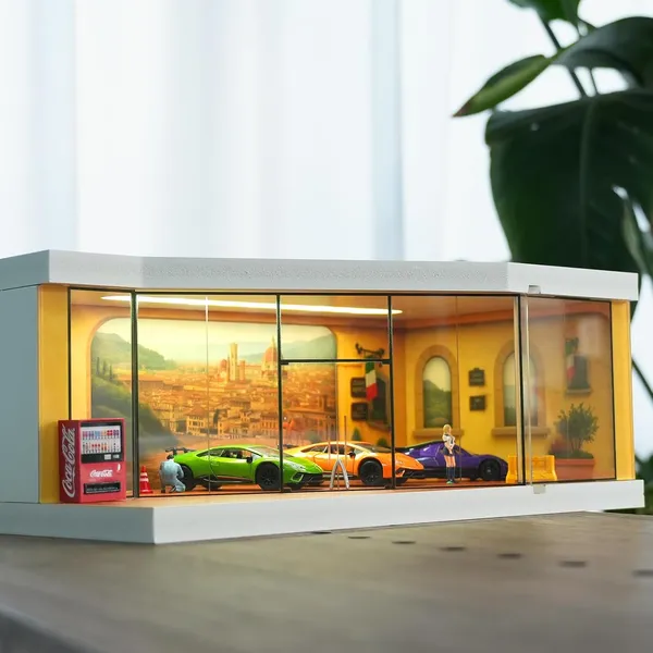 1:64_Diecast_Car_Display_Case,Lighted_Parking_lot_Scene_Display_Garage_for_Hot_Wheels_Series,Matchbox_Toy_Car_Model_Storage_Display_Stand_(Charming_Street_Showroom)