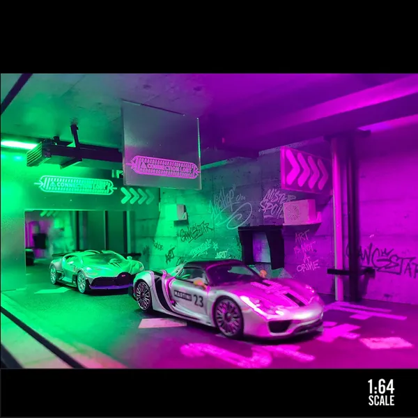 1:64_Neon_Style_LED_Display_Diorama_–_Model_Scene_with_UV_Printing,_Multi-Color_Lights_&_Accessories_–_for_Diecast_Cars_&_Figures_(Vehicles_Not_Included)