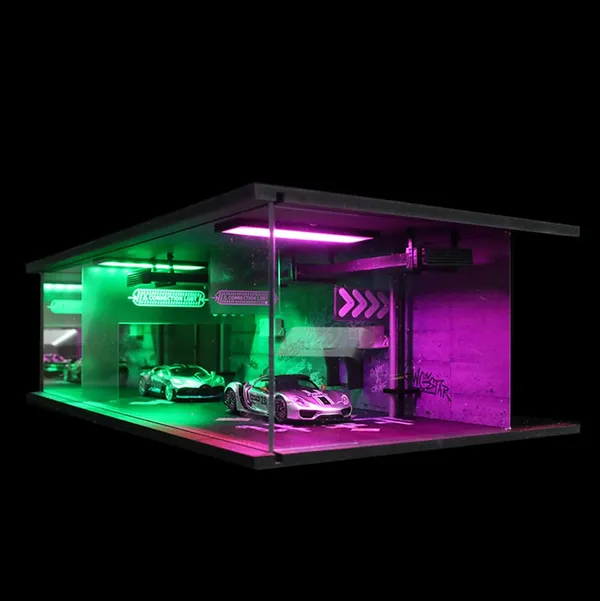 1:64_Neon_Style_LED_Display_Diorama_–_Model_Scene_with_UV_Printing,_Multi-Color_Lights_&_Accessories_–_for_Diecast_Cars_&_Figures_(Vehicles_Not_Included)